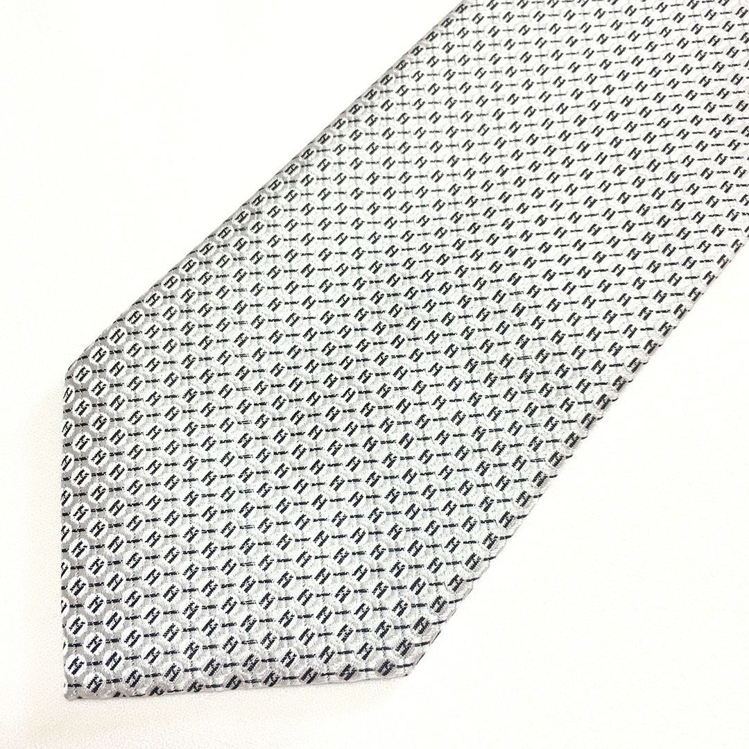 未使用級 エルメス HERMES ネクタイ シルク100% シルバーグレー H柄