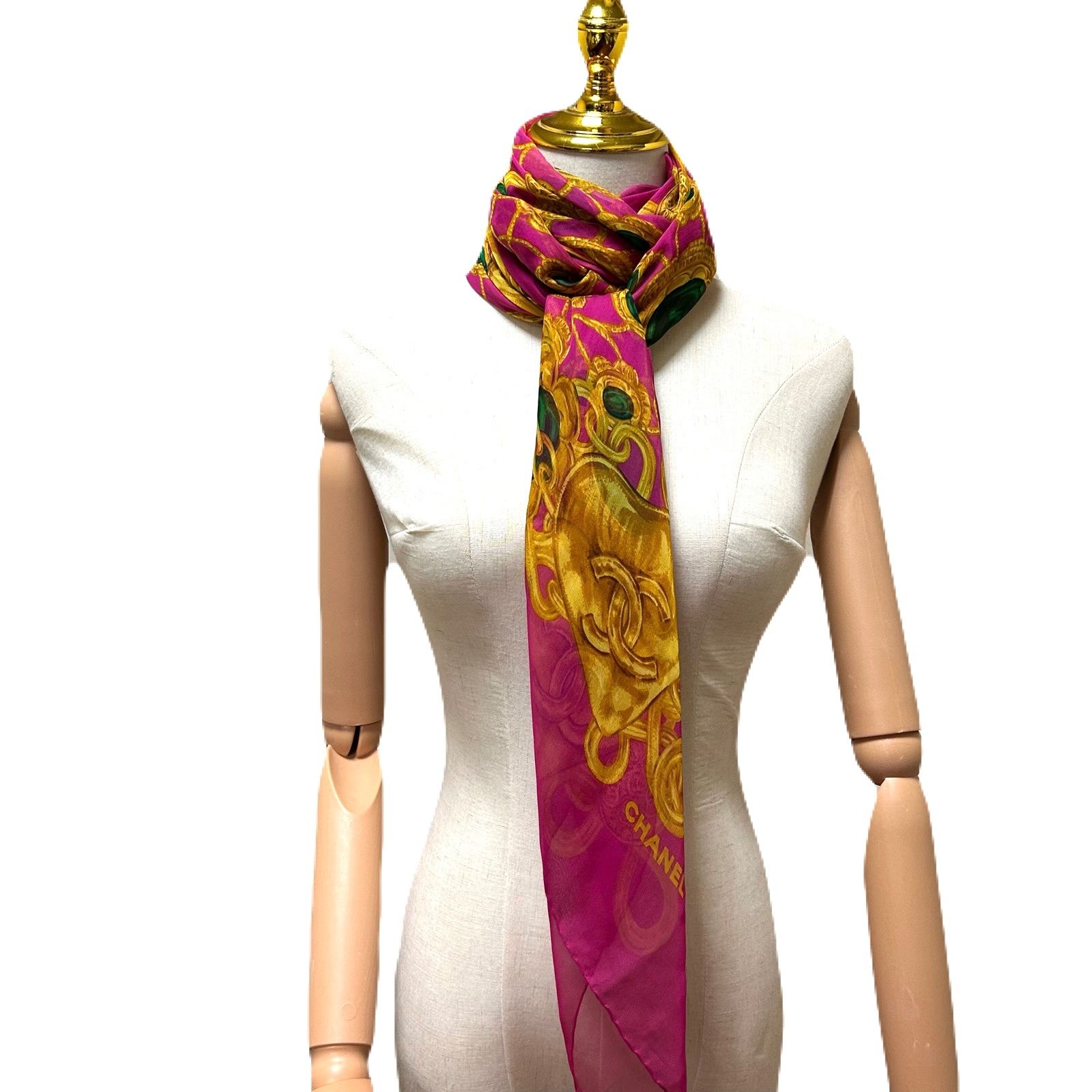 CHANEL シャネル シフォン スカーフ 大判 135×135 ココマーク ゴールド