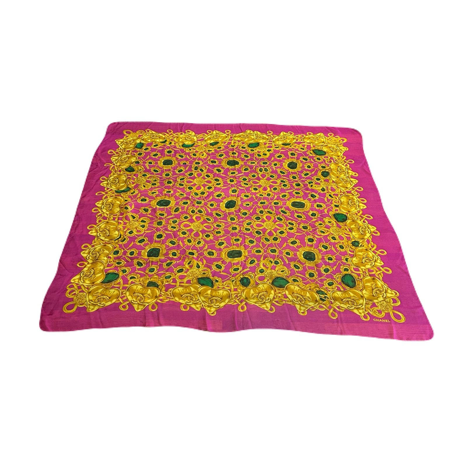 CHANEL シャネル シフォン スカーフ 大判 135×135 ココマーク ゴールド