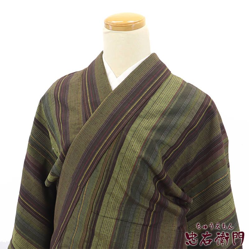 紬 証紙付き 本場真綿絢結城紬 袷 レディース 正絹 灰緑 縞 草木染