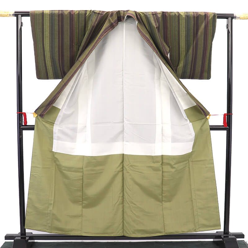 紬 証紙付き 本場真綿絢結城紬 袷 レディース 正絹 灰緑 縞 草木染