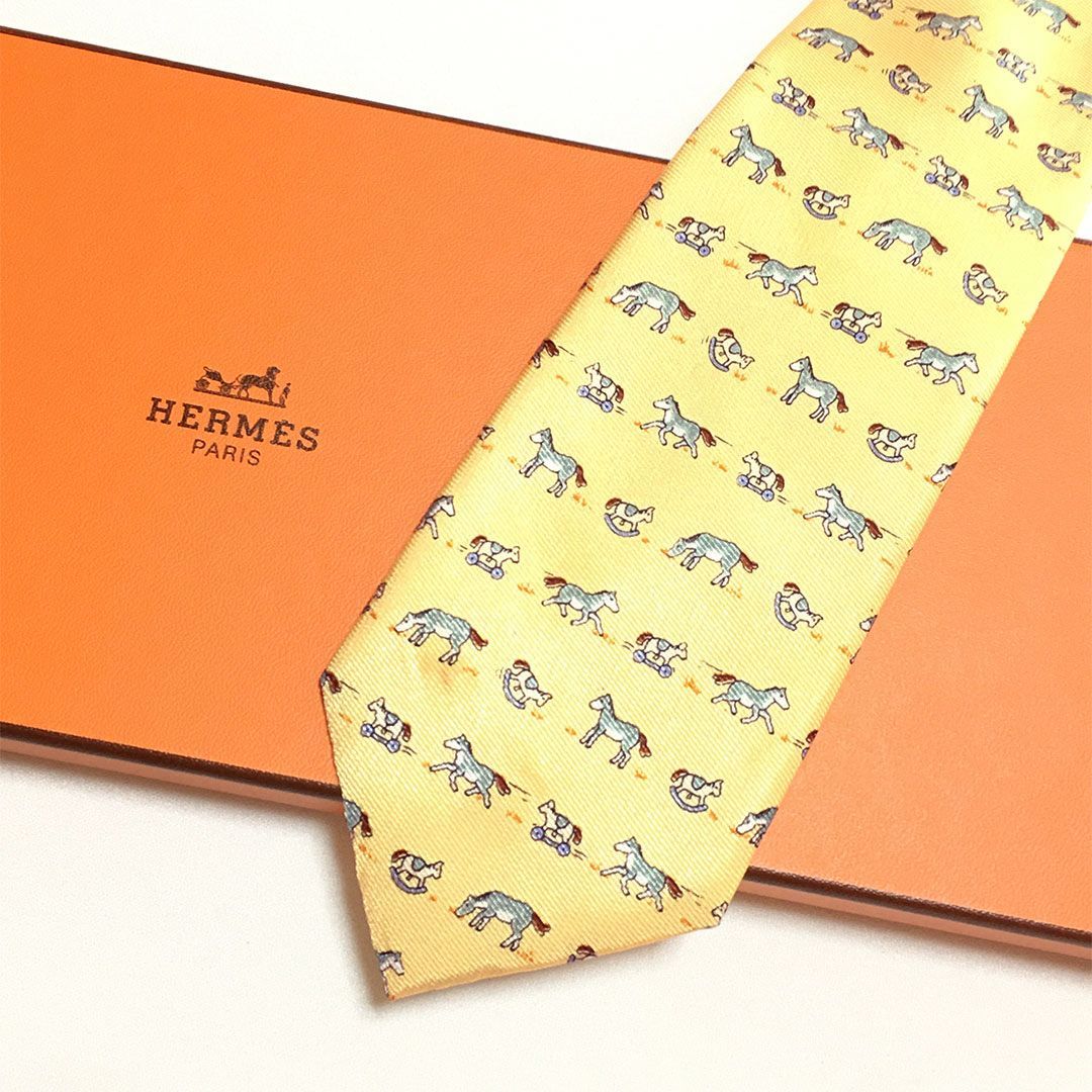 未使用級 エルメス HERMES ネクタイ シルク100% イエロー系 アニマル柄