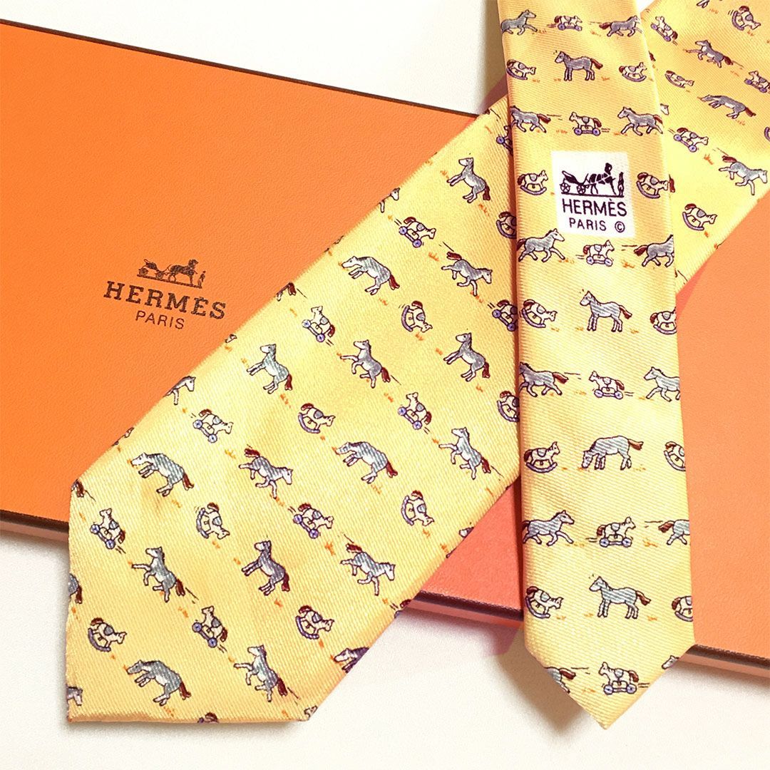 未使用級 エルメス HERMES ネクタイ シルク100% イエロー系 アニマル柄