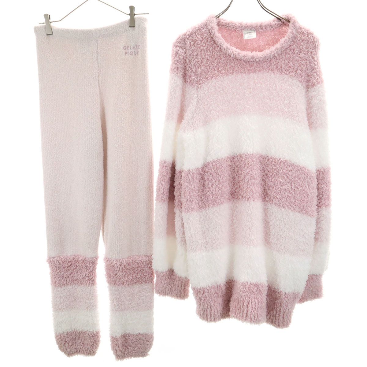 未使用タグ付 ジェラートピケ ふわもこボーダー上下セット ピンク F gelato pique ジェラートピケ ボーダー ルームウェア 上下