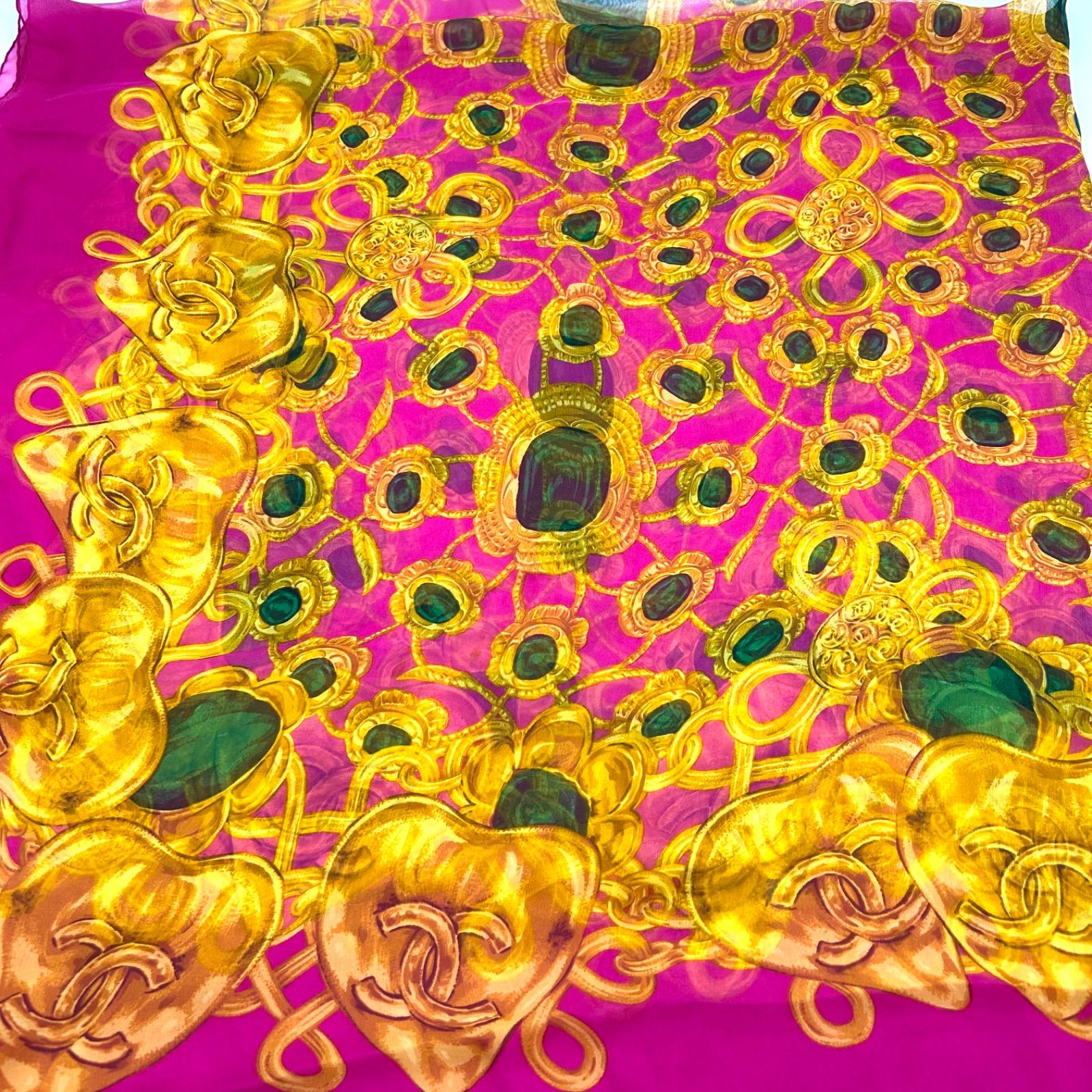 CHANEL シャネル シフォン スカーフ 大判 135×135 ココマーク ゴールド