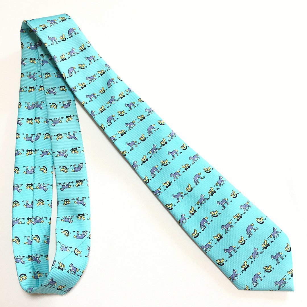 未使用級 エルメス HERMES ネクタイ シルク100% ライトブルー アニマル