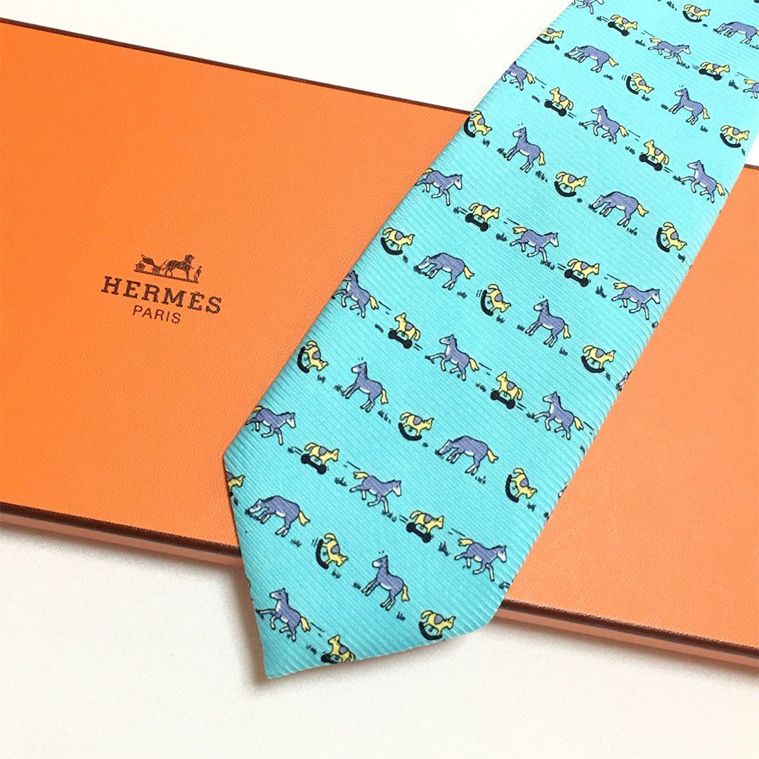 未使用級 エルメス HERMES ネクタイ シルク100% ライトブルー アニマル