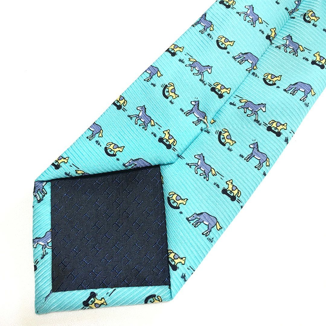 未使用級 エルメス HERMES ネクタイ シルク100% ライトブルー アニマル