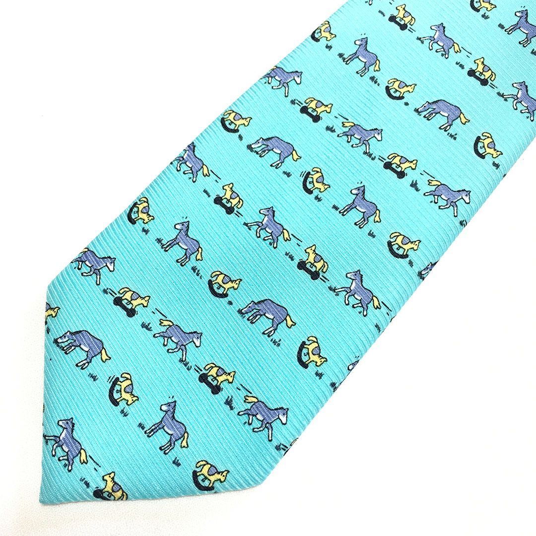 未使用級 エルメス HERMES ネクタイ シルク100% ライトブルー アニマル