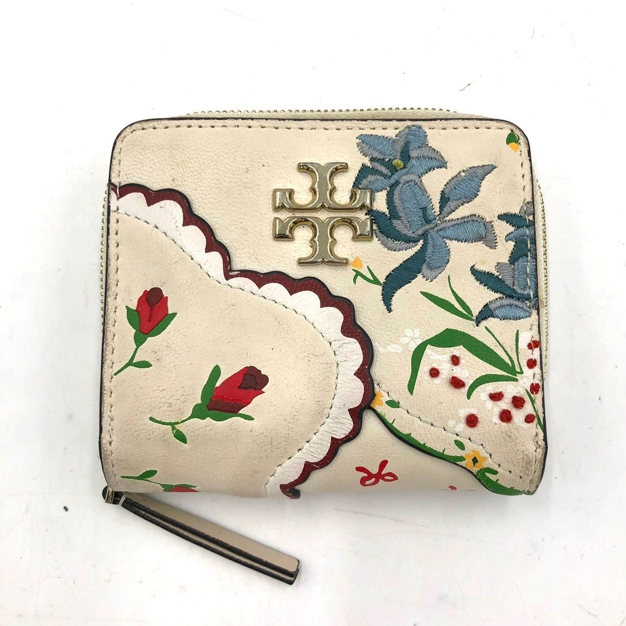 TORY BURCH トリーバーチ 折り財布 花柄 刺繍 レザー ホワイト 白
