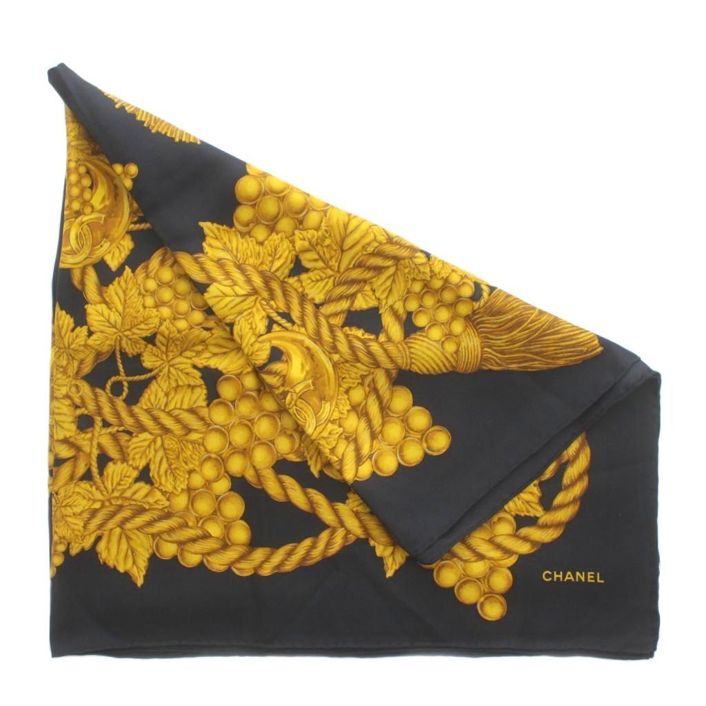 シャネル CHANEL スカーフ 絹 シルク 大判 総柄 ココマーク ロゴ 黒