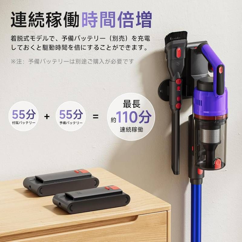 掃除機 コードレス 75kPa 強力吸引 55分連続稼働 自立式 スタンド不要