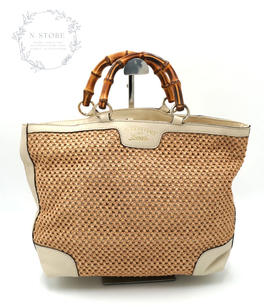 GUCCI バンブーハンドル ストローメッシュ×レザー トートバッグ
