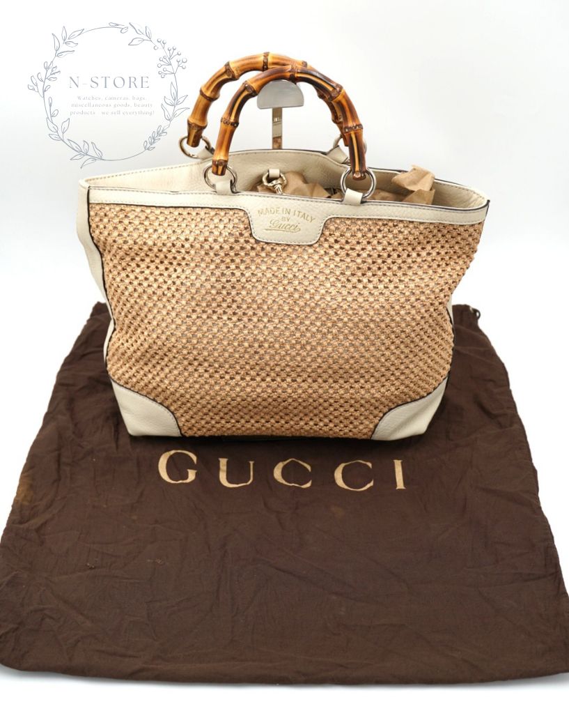 GUCCI バンブーハンドル ストローメッシュ×レザー トートバッグ