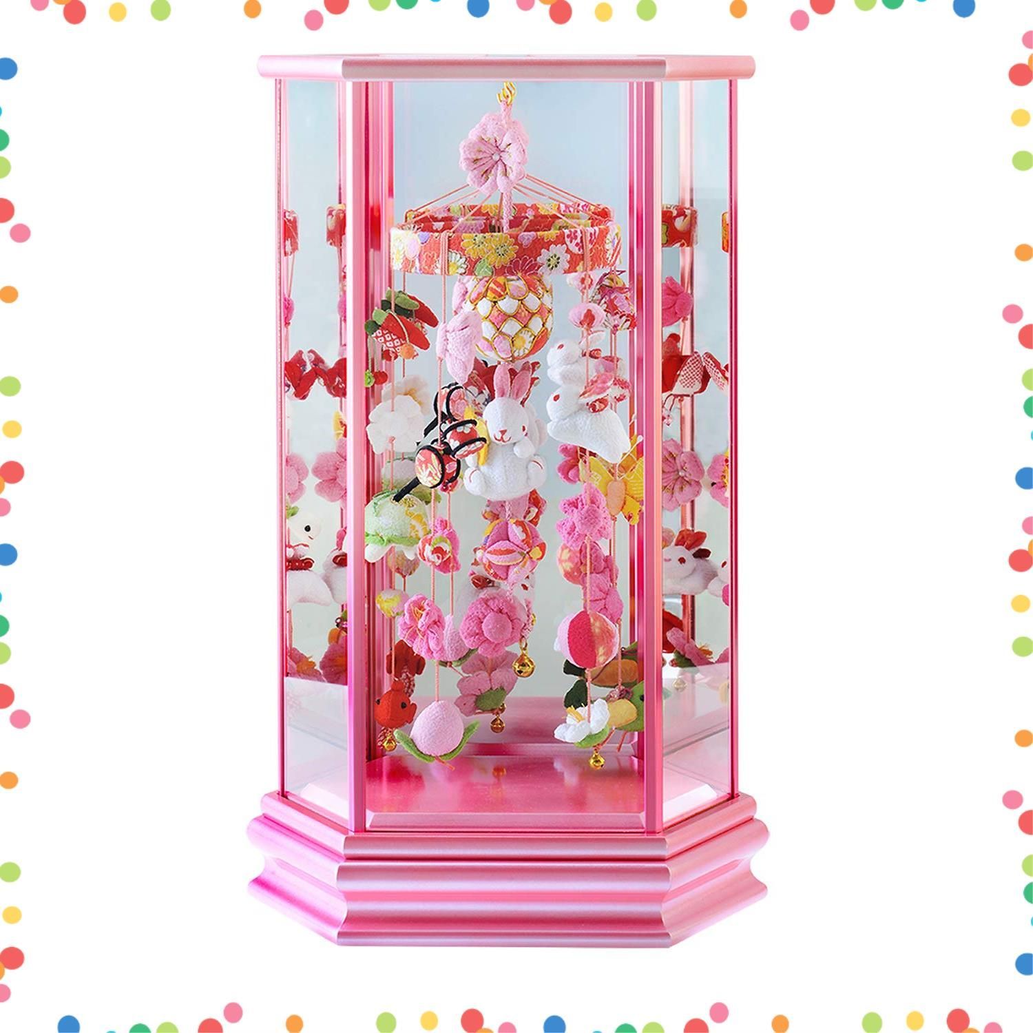 在庫処分 うさぎなでしこ 小サイズ 六角ケース飾り 幅25 5 cm 奥行17 高さ44 雛人形 つるし飾り ピンク塗ケース つるし雛