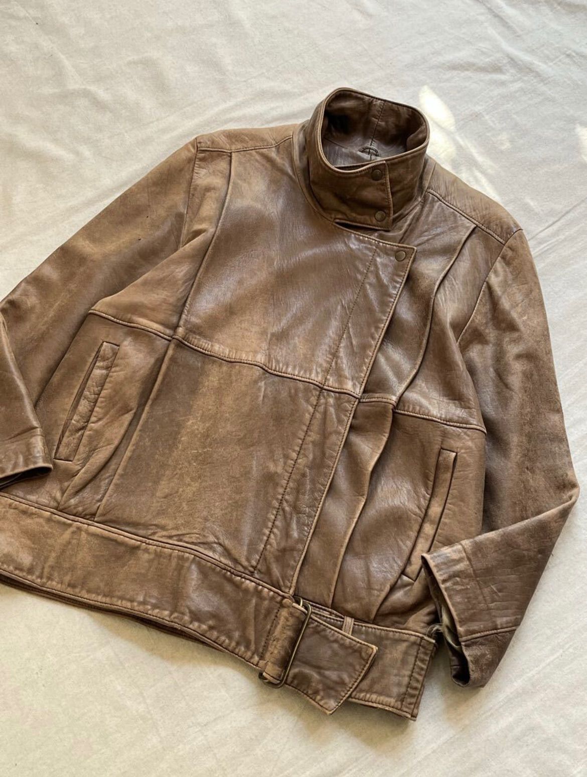 90s PERRY ELLIS レザー ジャケット / シープスキン ブラウン スタンド