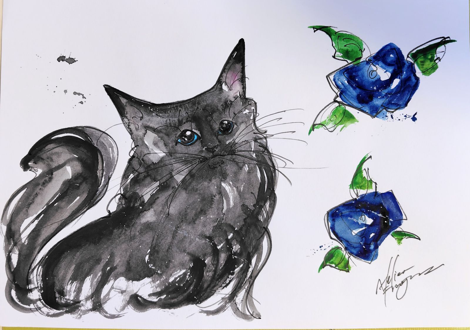 原画#249 黒猫 猫 薔薇 花 水彩画 ドローイング インテリア アート