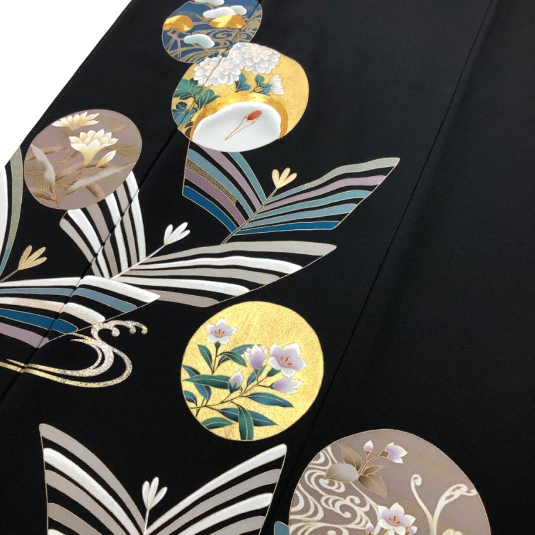 黒留袖 丸に花模様 鶴に流水 金彩 刺繍 金駒刺繍 K-5336 【公式通販】