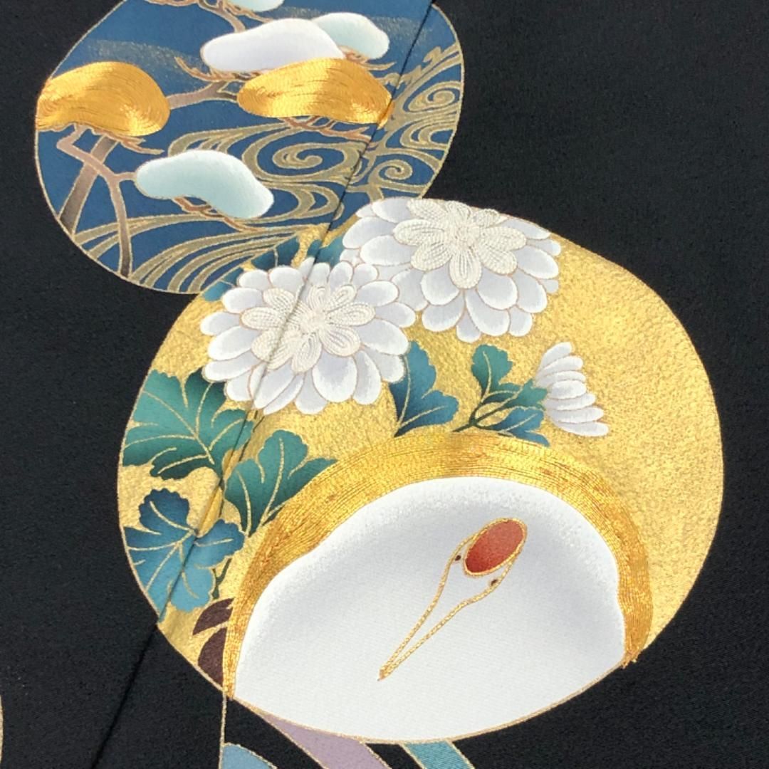 黒留袖 丸に花模様 鶴に流水 金彩 刺繍 金駒刺繍 K-5336 【公式通販】