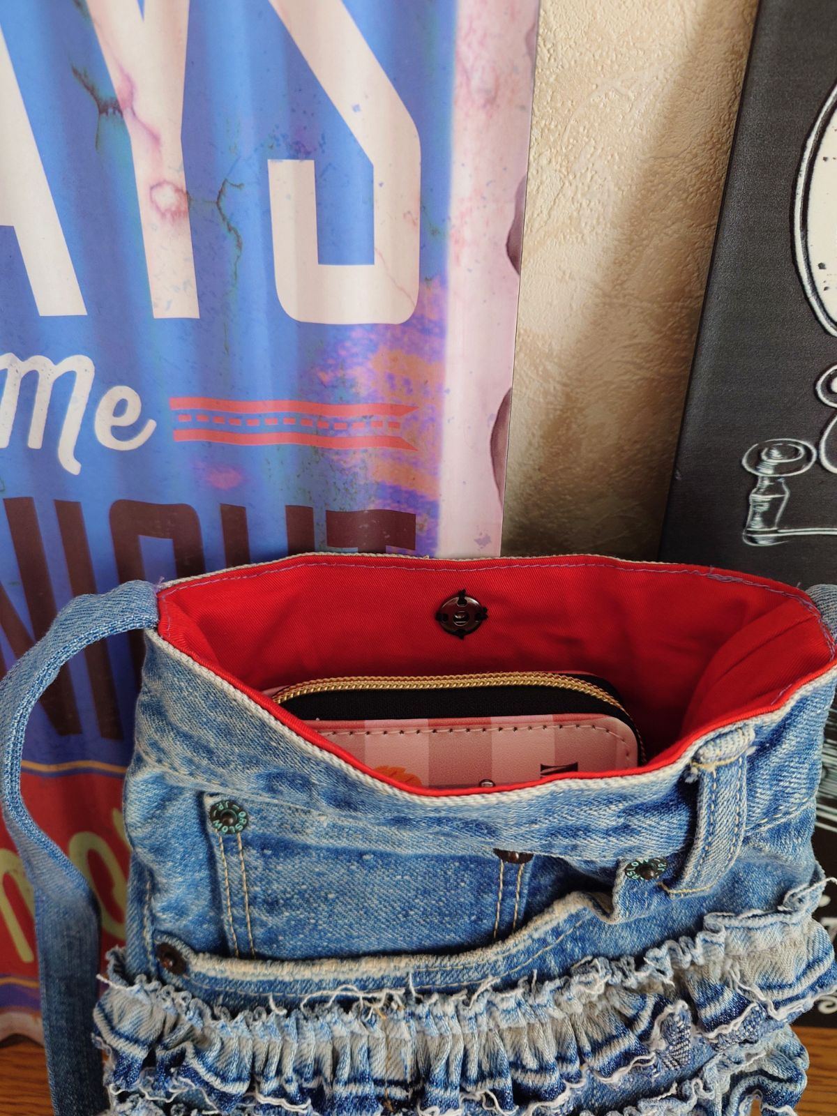 デニムリメイク ピンク フリル ショルダー デニム リメイク フリル