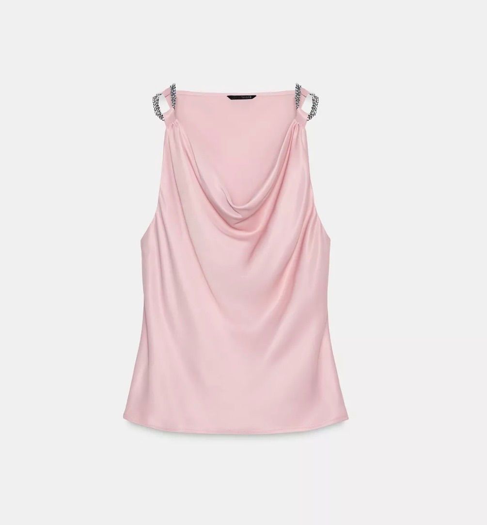 新品未使用ZARA(ザラ)サテンビーズ付きピンクキャミソールトップス 