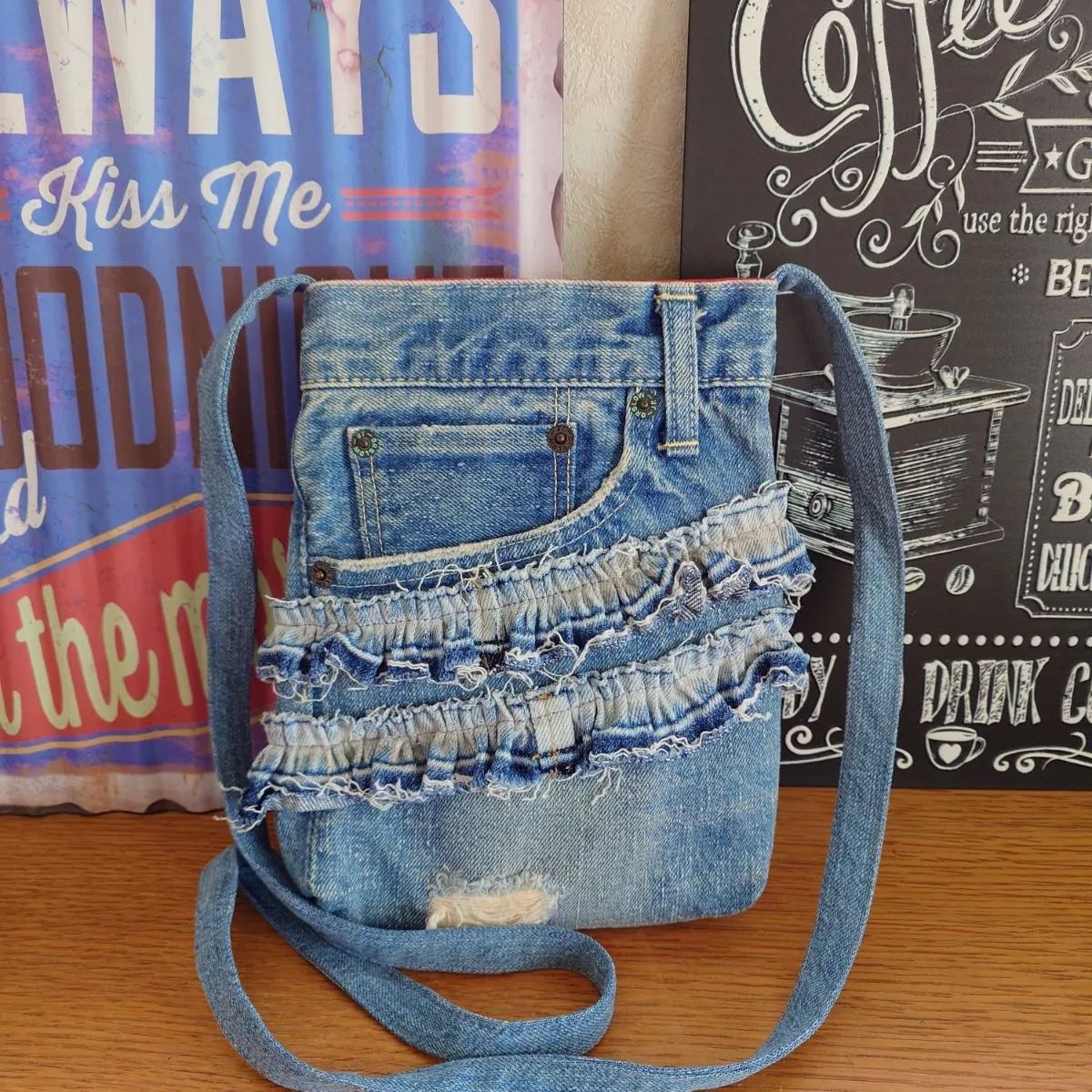 デニム リメイク フリルウォレット ショルダー 2点セット デニム