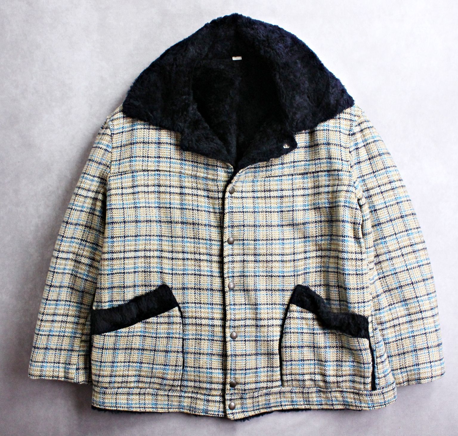 70s ビンテージ チェック柄 ウールジャケットウラボア Mサイズ相当 70