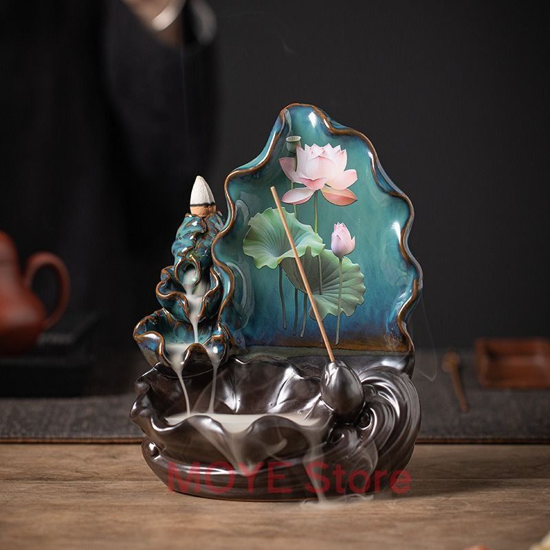 お香 線香 逆流香炉 香炉 蓮の花 蓮 蓮の葉 ブルー 青 風水グッズ