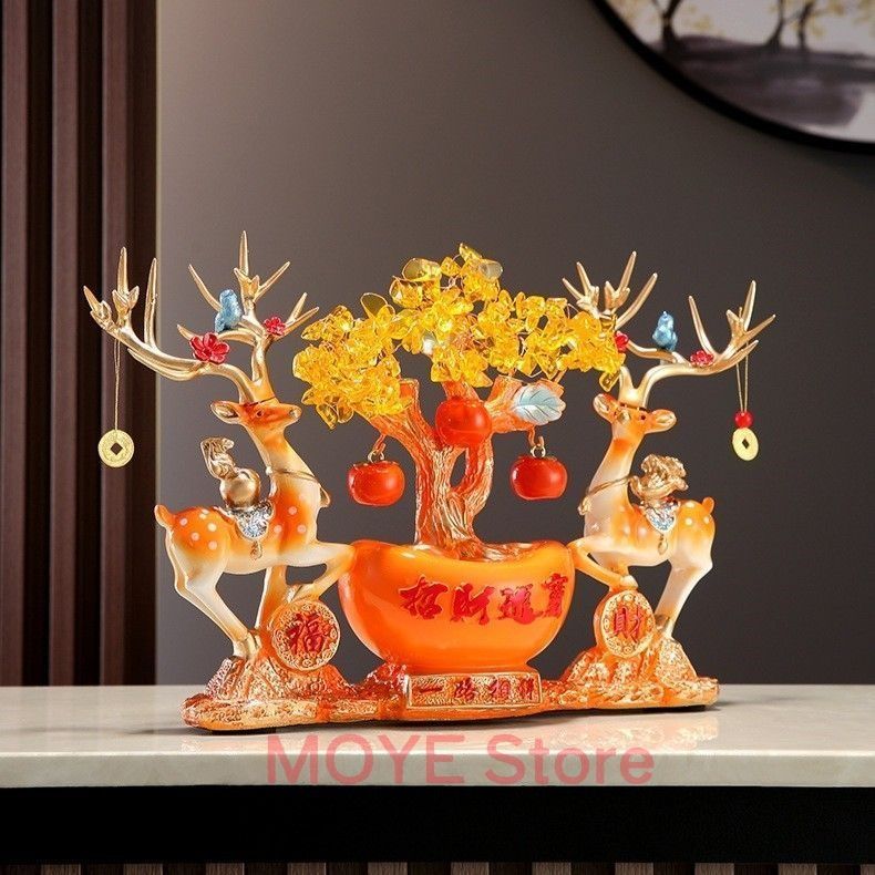 金のなる木 鹿 招財樹 富 繁栄 樹脂素材 感 運 開運 商売繁盛 黄金 オブジェ 置物 インテリア 玄関 リビング 風水縁起物 贈り物 プレゼントzw0117