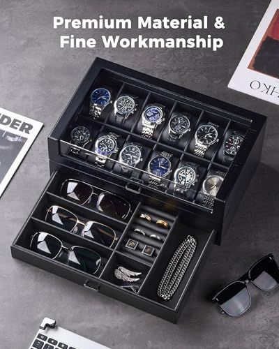  腕時計ケース 木製 12本用 2段式ウォッチボックス 男性向けジュエリーオーガナイザー ディスプレイ収納ケース ガラス蓋付き 9 f 5 e 3 78 その他 キッチン 食器