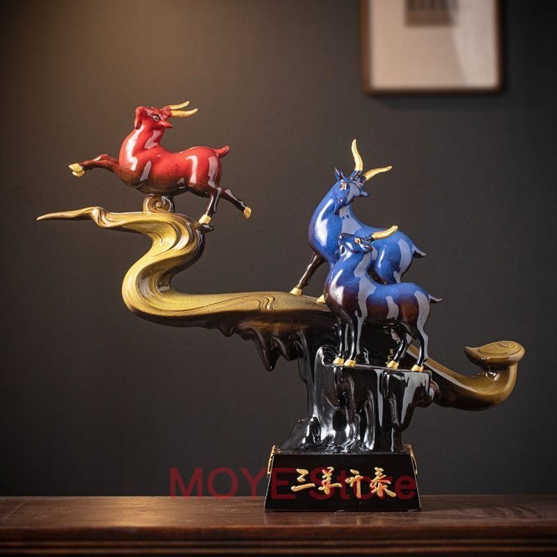 山羊 やぎ 置物 オブジェ 青 ブルー 赤 レッド 金色 ゴールド 黄金