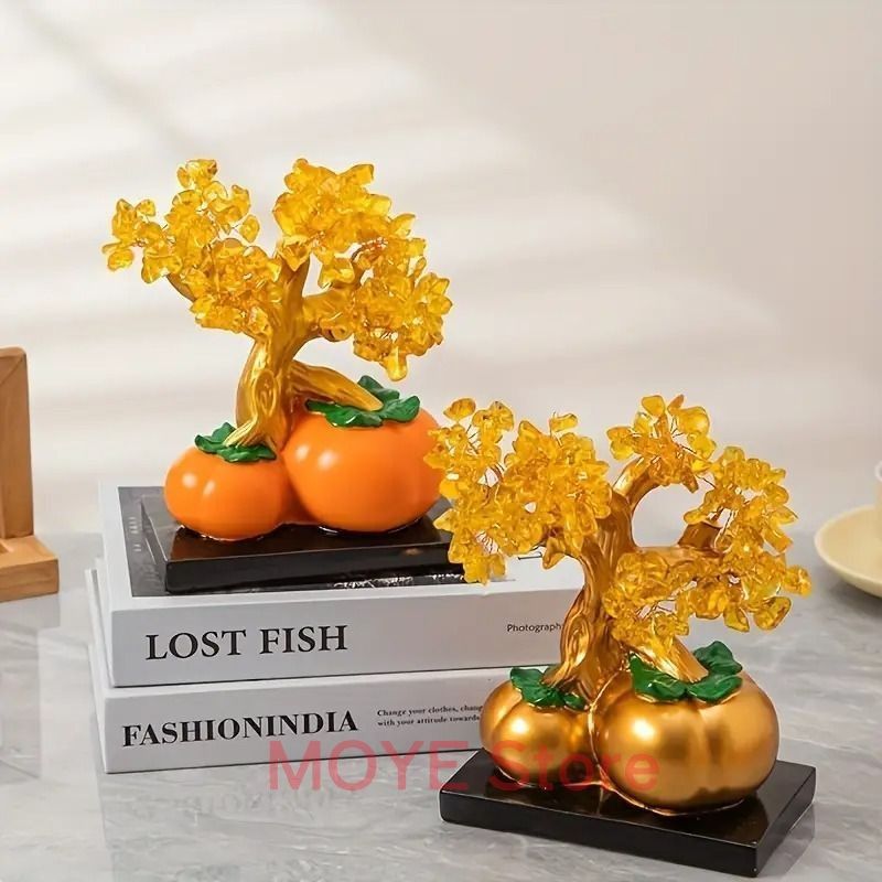金のなる木 柿 カキ オブジェ 置物 ゴールド オレンジ クリスタルツリー 招財樹 富 繁栄 樹脂素材 感 運 開運 商売繁盛 黄金 インテリア 玄関 リビング 風水縁起物 贈り物 プレゼントzw0117