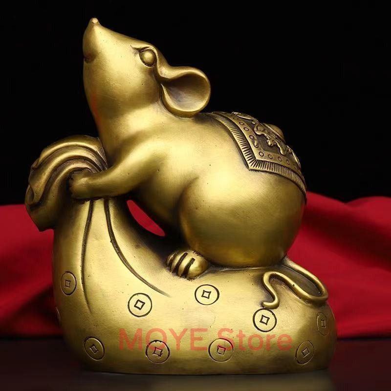 鼠 ネズミ 招財 金袋 置物 オブジェ 銅製 金 ゴールド 黄金 幸運 長寿