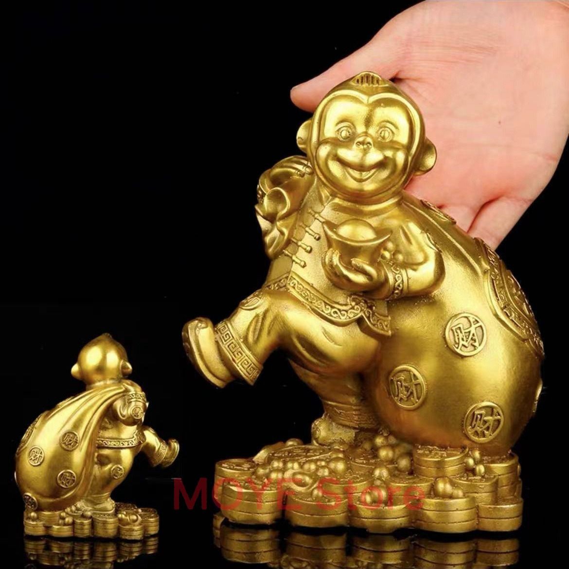 猿 サル 置物 オブジェ 金袋 招財 金色 ゴールド 黄金 銅製 インテリア