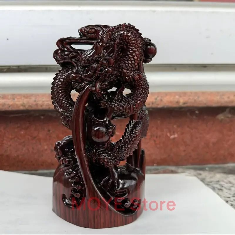 龍 ドラゴン 木製 木彫 レッド 赤 置物 オブジェ 金龍 風水 開運 縁起