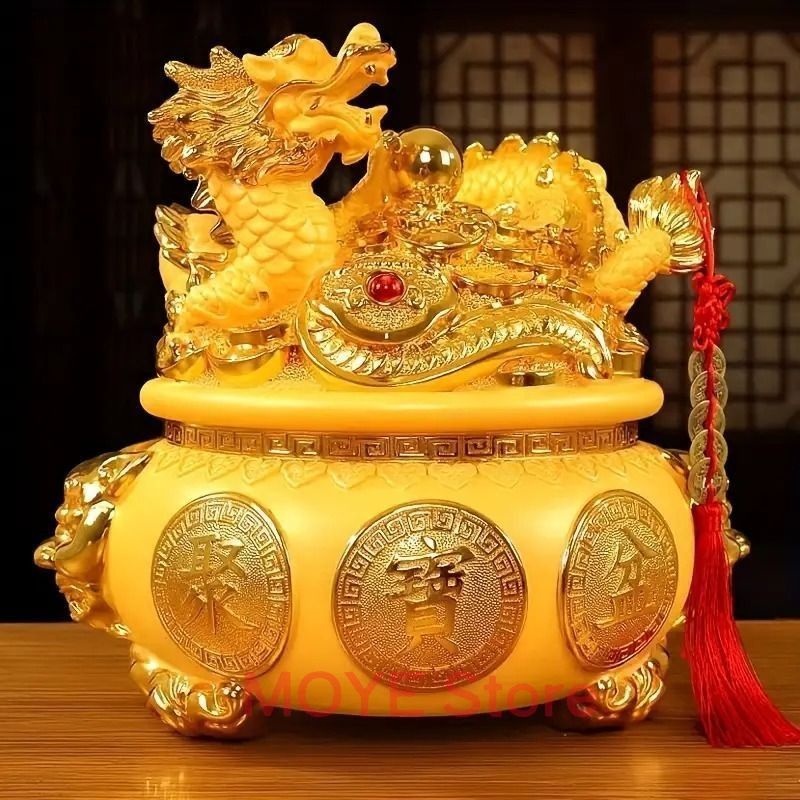 龍 ドラゴン 置物 竜 辰年 ゴールデンドラゴン 干支 風水 開運 風水宝盆 中国 貯金箱 玄関 黄金 金 オブジェ 金運 店舗 縁起物zw0117
