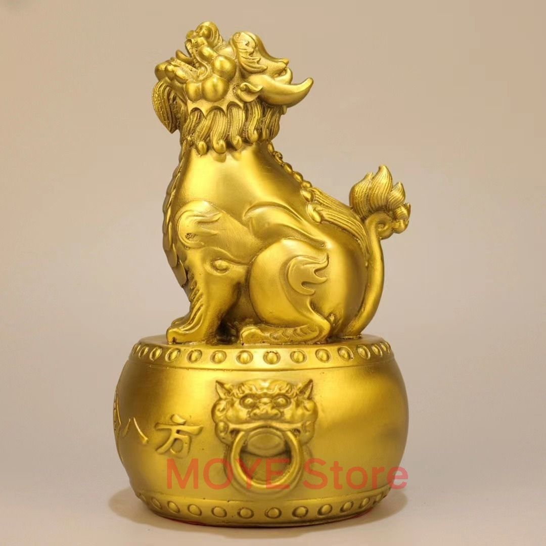 獅子 狛犬 望天吼 置物 オブジェ 招財 風水グッズ 黄金 ゴールド 銅製