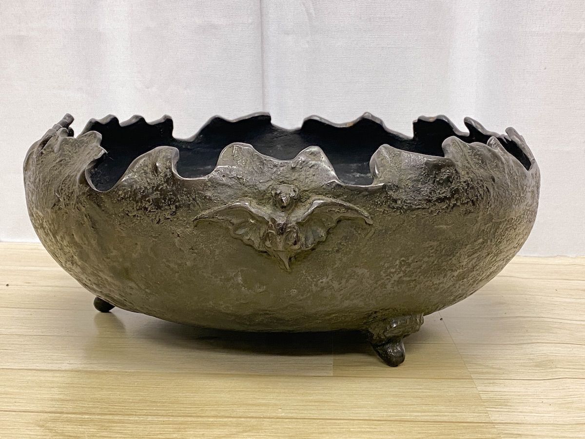 KK254】池坊 木村清雲 銘 銅鋳造 水盤 大きめ 三つ足 美術鋳物 金工