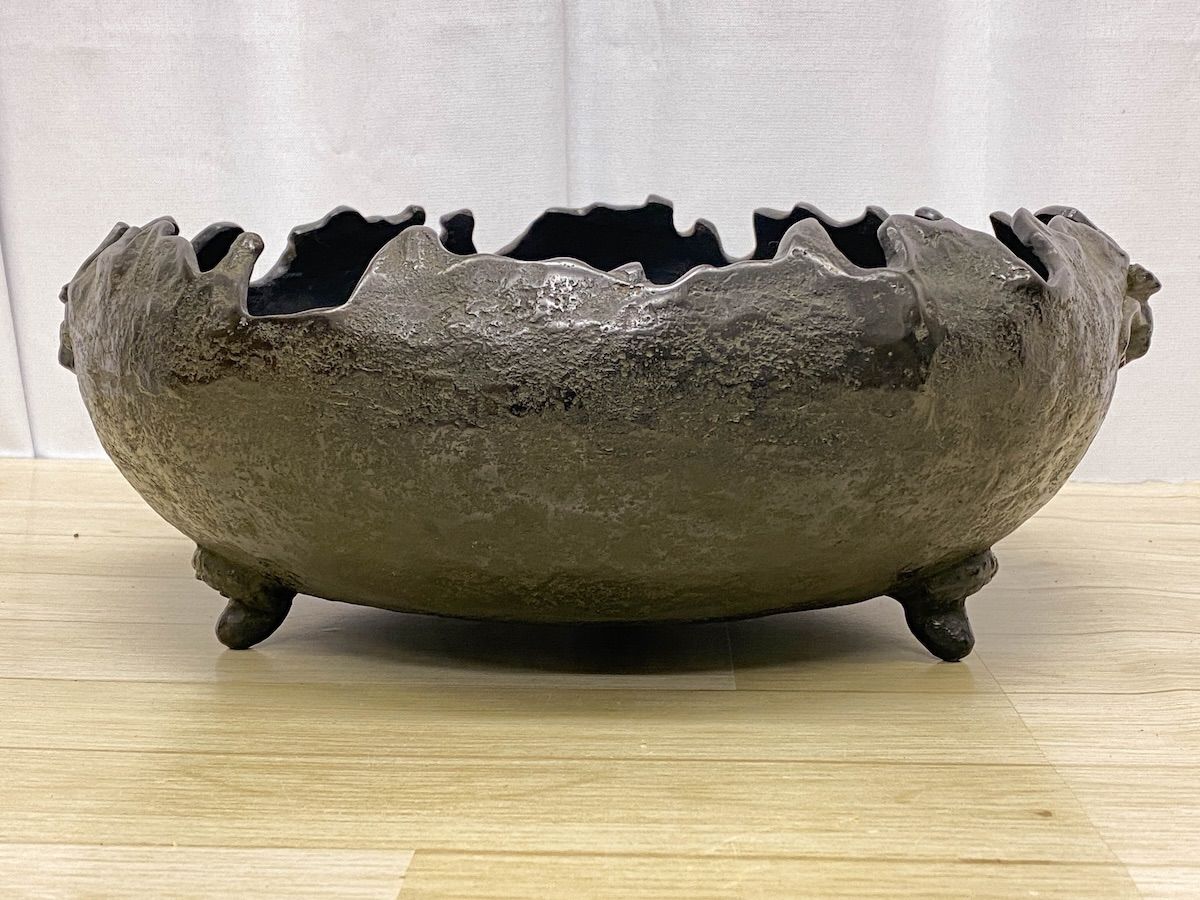KK254】池坊 木村清雲 銘 銅鋳造 水盤 大きめ 三つ足 美術鋳物 金工