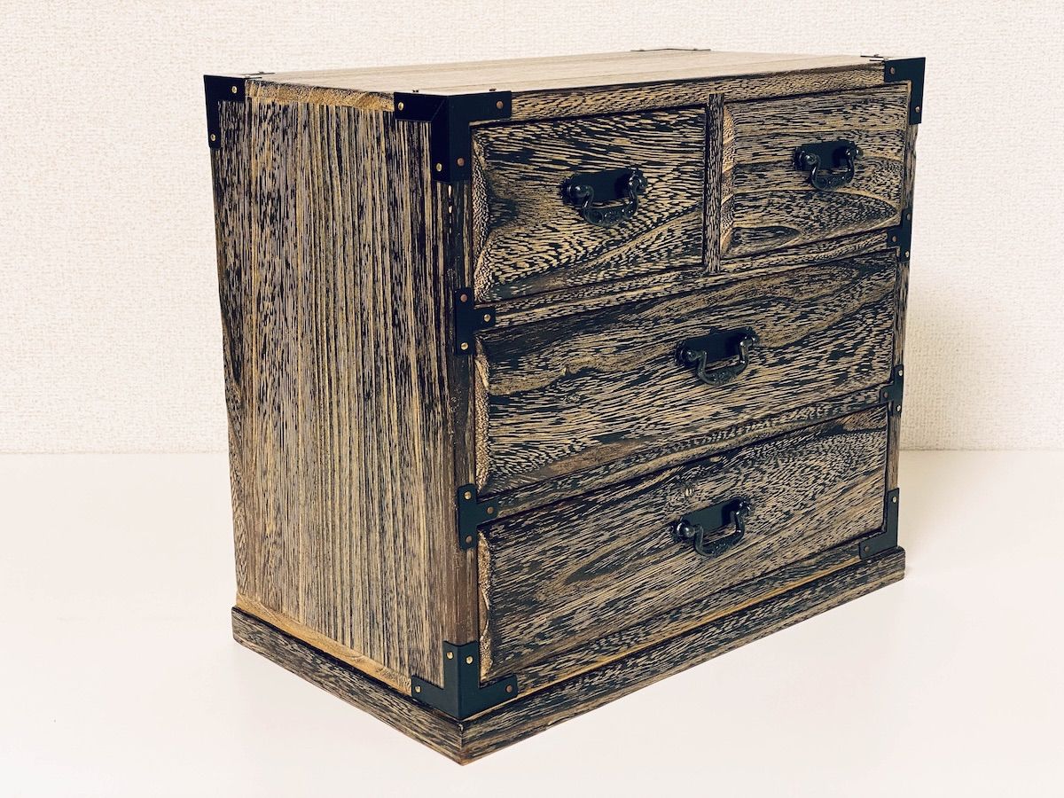 TK249】桐工芸 レトロ ミニ箪笥 三段四ツ引 箱入 小引き出し 小物入れ