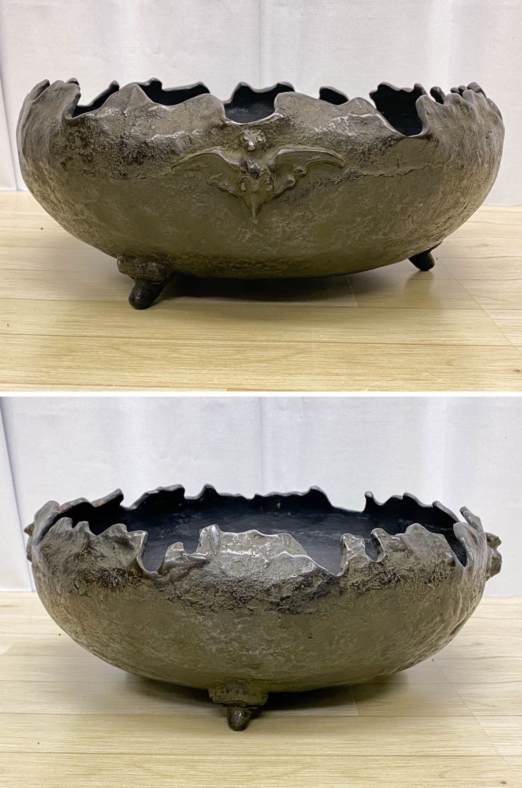 KK254】池坊 木村清雲 銘 銅鋳造 水盤 大きめ 三つ足 美術鋳物 金工