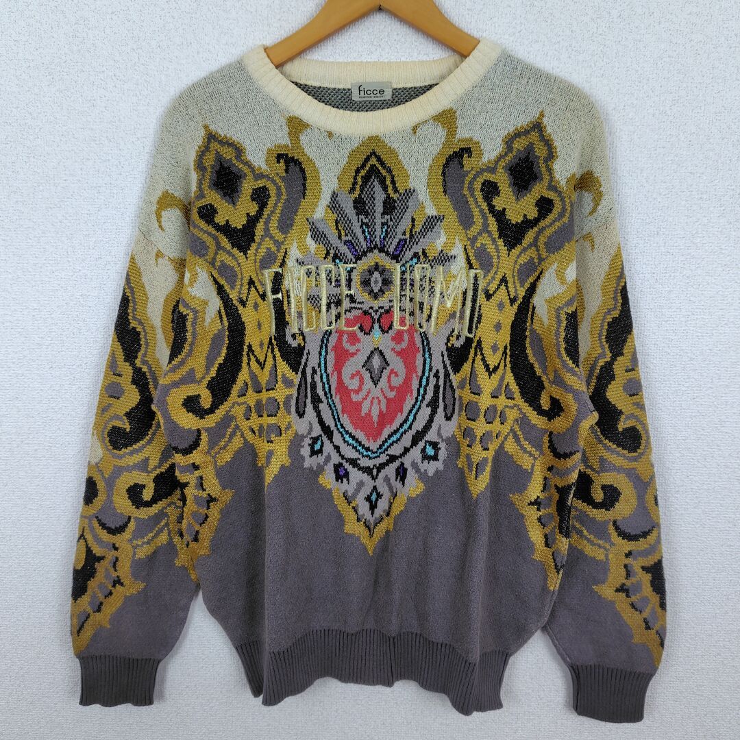 90s ficce フィッチェ ニット セーター 総柄 グレー レディース 古着 