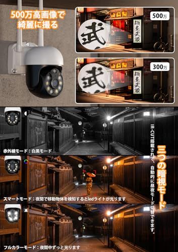 500万画素 自動追跡機能 防犯カメラ 屋外 ワイヤレス 360°全方位監視 Ptzカメラ AI人物検知 人感発光 夜間カラー 音声警報 動体検知 監視カメラ 録画機能付き 常時録画 録音 双方向通話