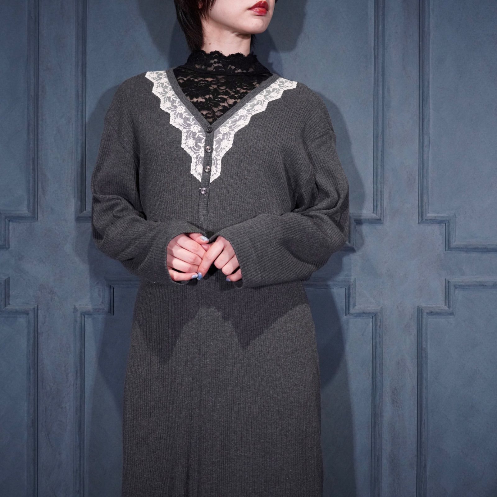 USA VINTAGE JONES NEW YORK LACE DESIGN KNIT LONG ONE PIECE