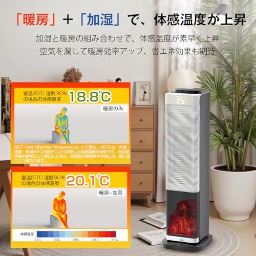 セラミックヒーター タワー型 2026新登場 3 D水蒸気LED暖炉 1秒速暖大風量 擬似炎加湿機能付き 人感センサー搭載 8時間連続加湿 15～35℃温度調節 ECOモード省エネ 1200 W電気ヒーター 3重過熱保護 転倒OFF 節電対策 ccb 1 d 75 b