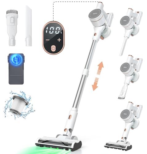 迅速に発送 掃除機 コードレス 2025革新版!業界初グリーンLEDライト＆70 Kpa真の強力吸引＆軽量＆自立式 コードレス掃除機 軽量 60分連続稼働 LED液晶ディスプレイ 左右180°上下90°回転 550Ｗ サイクロン 2 WAY ae 857 d 6