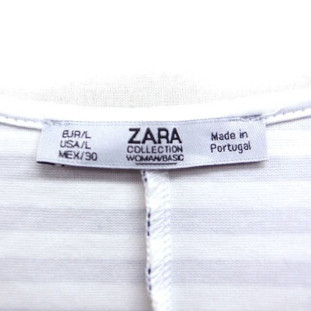 ザラ ZARA ストライプ ブラウス ヘムフレア ノースリーブ 丸首 L ネイビー 紺 /FT21