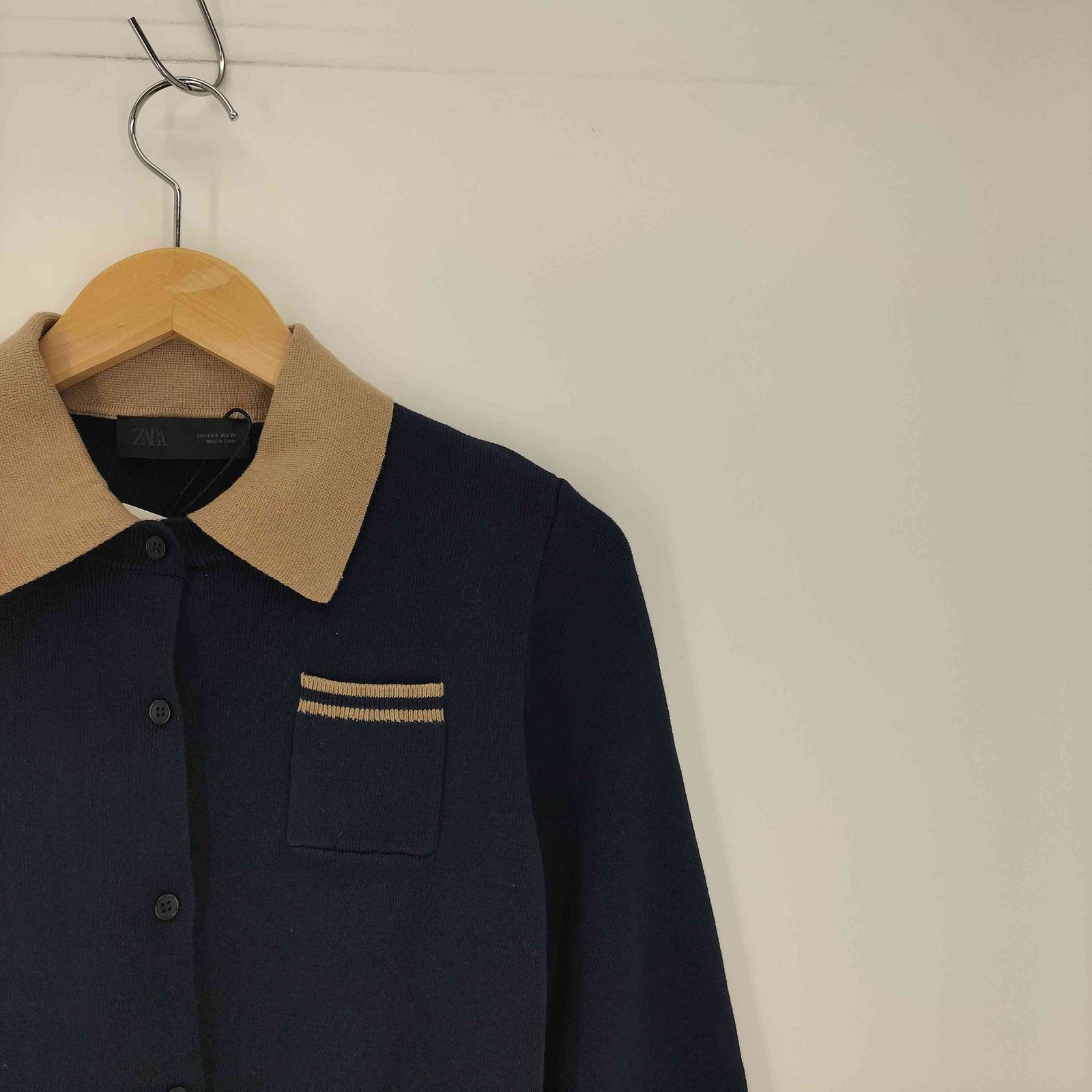 ザラ ZARA コントラストダブルレイヤーポロニットカーディガン