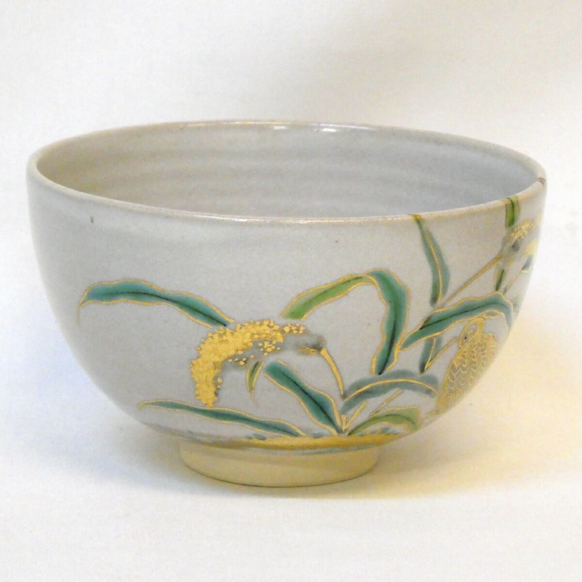 尋牛斎宗匠書付】眞葛焼 宮川香斎(真葛香斎)作 銘「野分」粟に鶉 茶碗