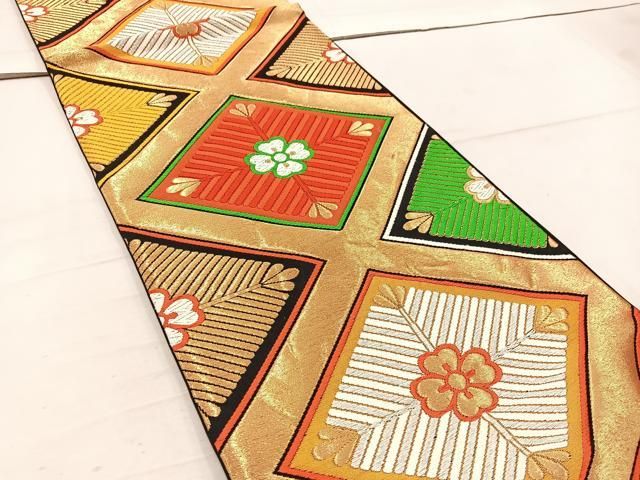 平和屋着物◎六通柄袋帯 唐織 菱花文 黒地 金銀糸 正絹 逸品